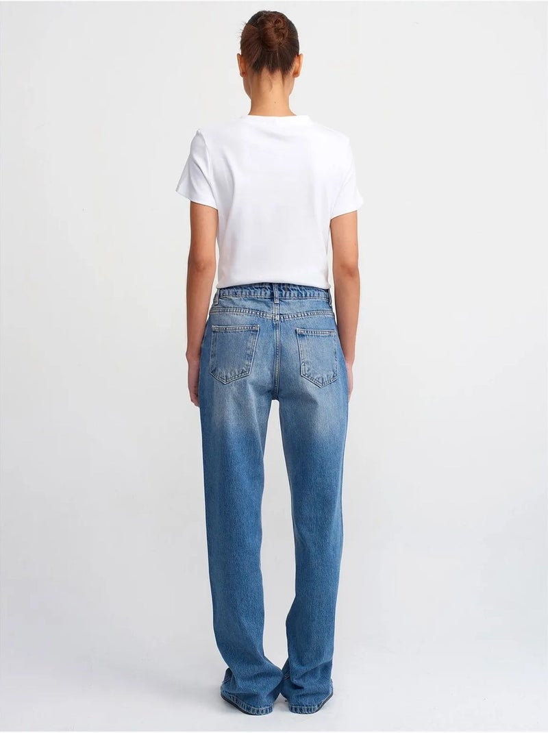 Dilvin jean droit en coton à taille haute Bleu saphir - Kiabi
