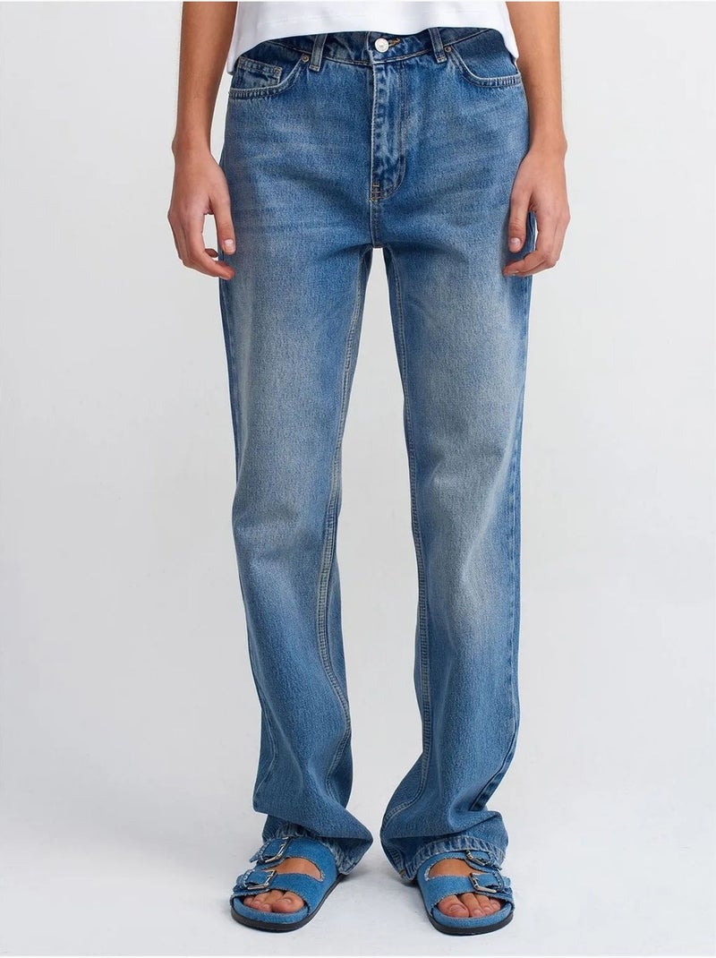 Dilvin jean droit en coton à taille haute Bleu saphir - Kiabi