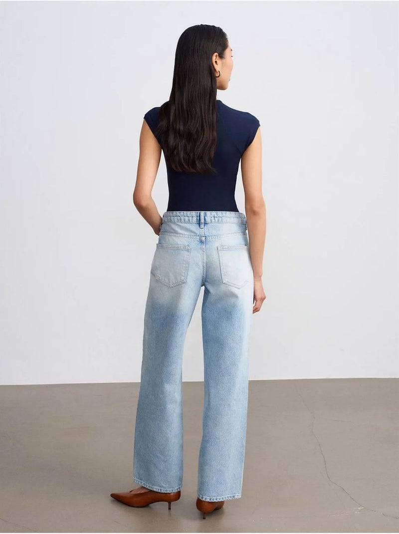 DILVIN Jean Droit En Denim De Coton, Taille Basse Bleu clair - Kiabi