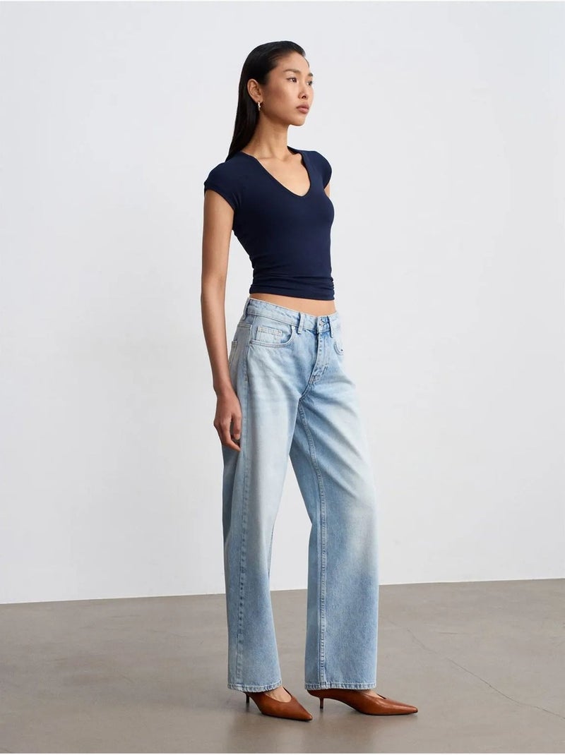 DILVIN Jean Droit En Denim De Coton, Taille Basse Bleu clair - Kiabi