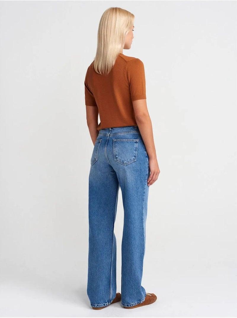 DILVIN Jean Droit En Denim De Coton, Taille Haute Bleu roi - Kiabi