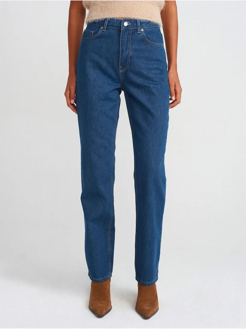 Dilvin jean droit taille haute en coton Bleu saphir - Kiabi