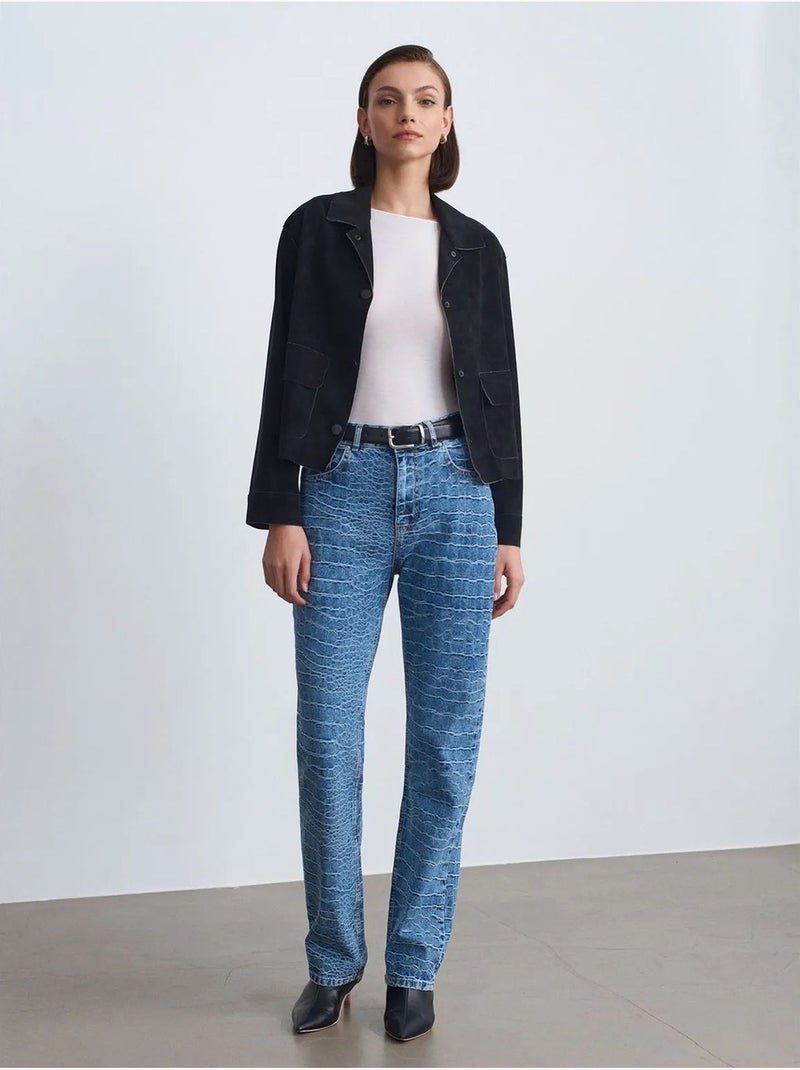 Dilvin jean droit taille haute texturé Bleu saphir - Kiabi