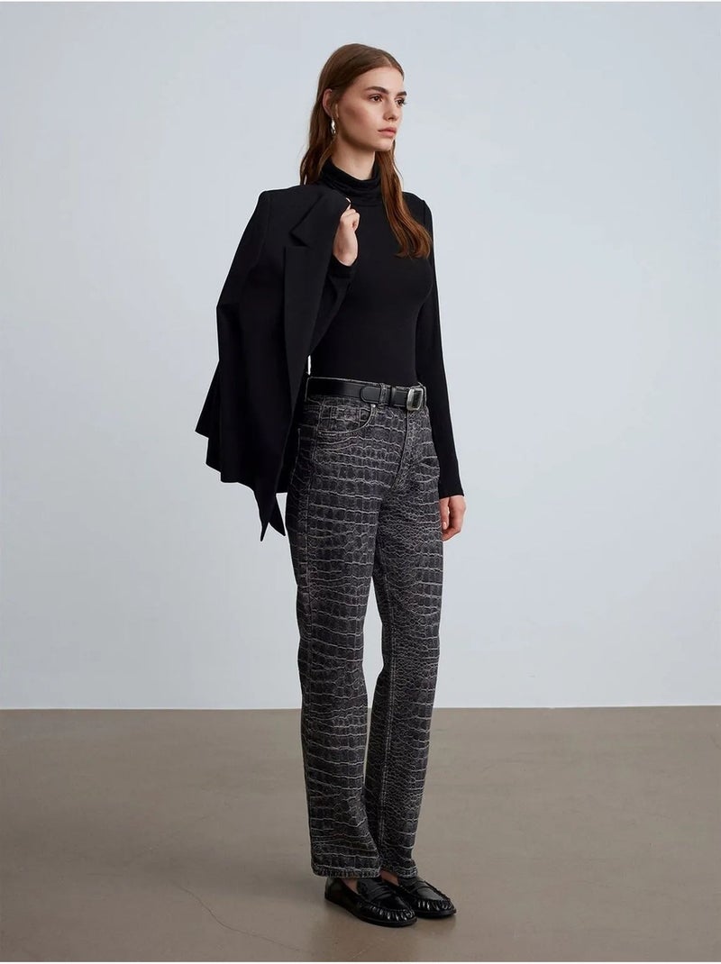 Dilvin jean droit taille haute texturé Gris Noir - Kiabi