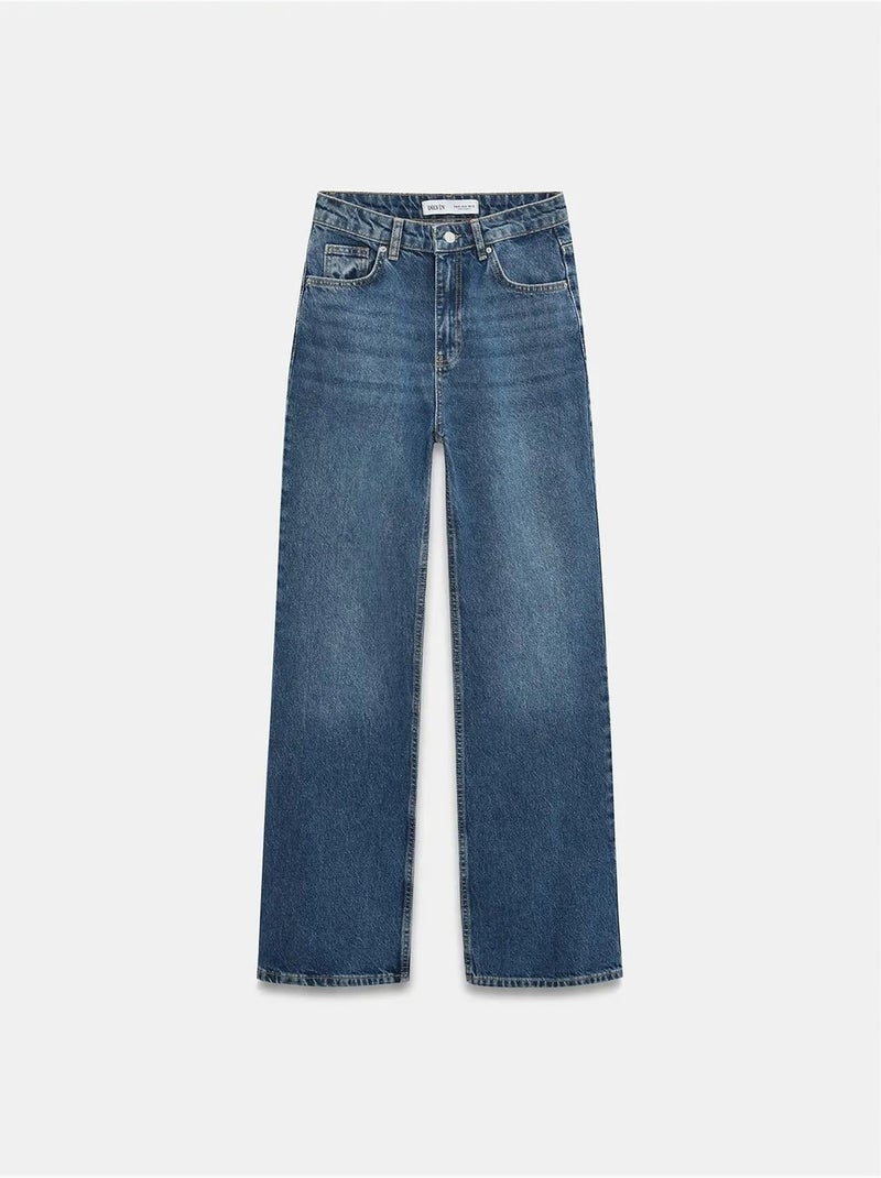 DILVIN Jean En Coton À Taille Haute Et Jambe Large Bleu roi - Kiabi