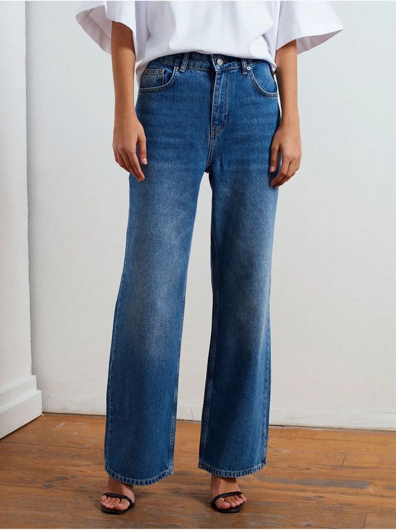 DILVIN Jean En Denim À Taille Haute Et Jambe Large Bleu roi - Kiabi