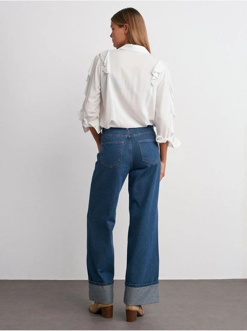 DILVIN Jean En Denim Coton À Taille Haute Et Jambe Large Bleu saphir - Kiabi