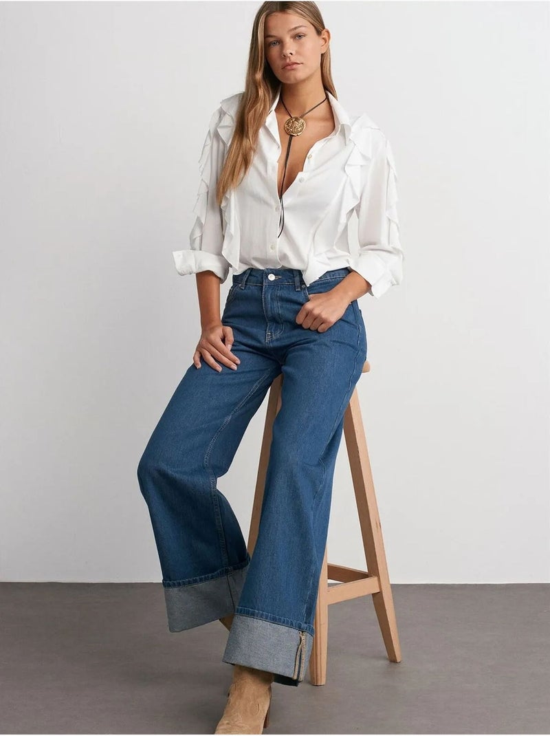DILVIN Jean En Denim Coton À Taille Haute Et Jambe Large Bleu saphir - Kiabi