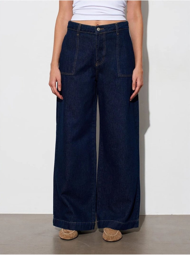 DILVIN Jean En Denim De Coton À Taille Haute Et Jambe Large Bleu outremer - Kiabi