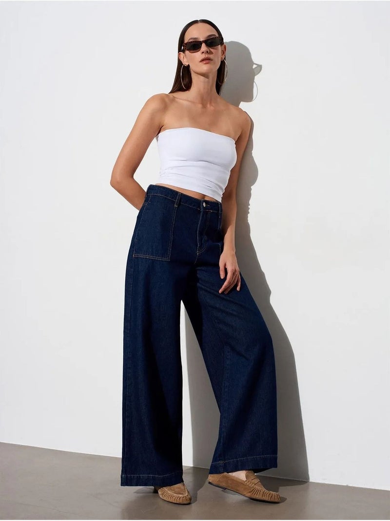 DILVIN Jean En Denim De Coton À Taille Haute Et Jambe Large Bleu outremer - Kiabi
