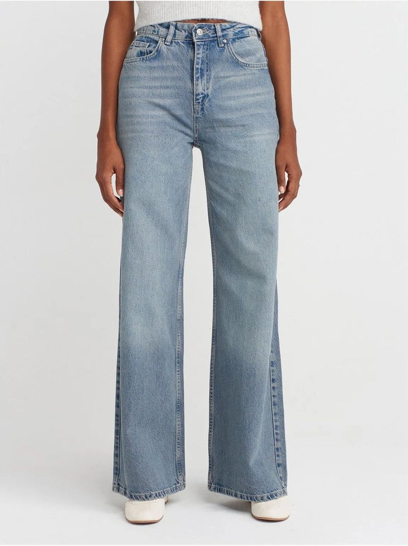 DILVIN Jean En Denim De Coton À Taille Haute Et Jambe Large Bleu roi - Kiabi