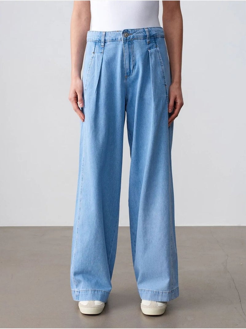 DILVIN Jean En Denim De Coton À Taille Haute Et Jambe Large Bleu roi - Kiabi