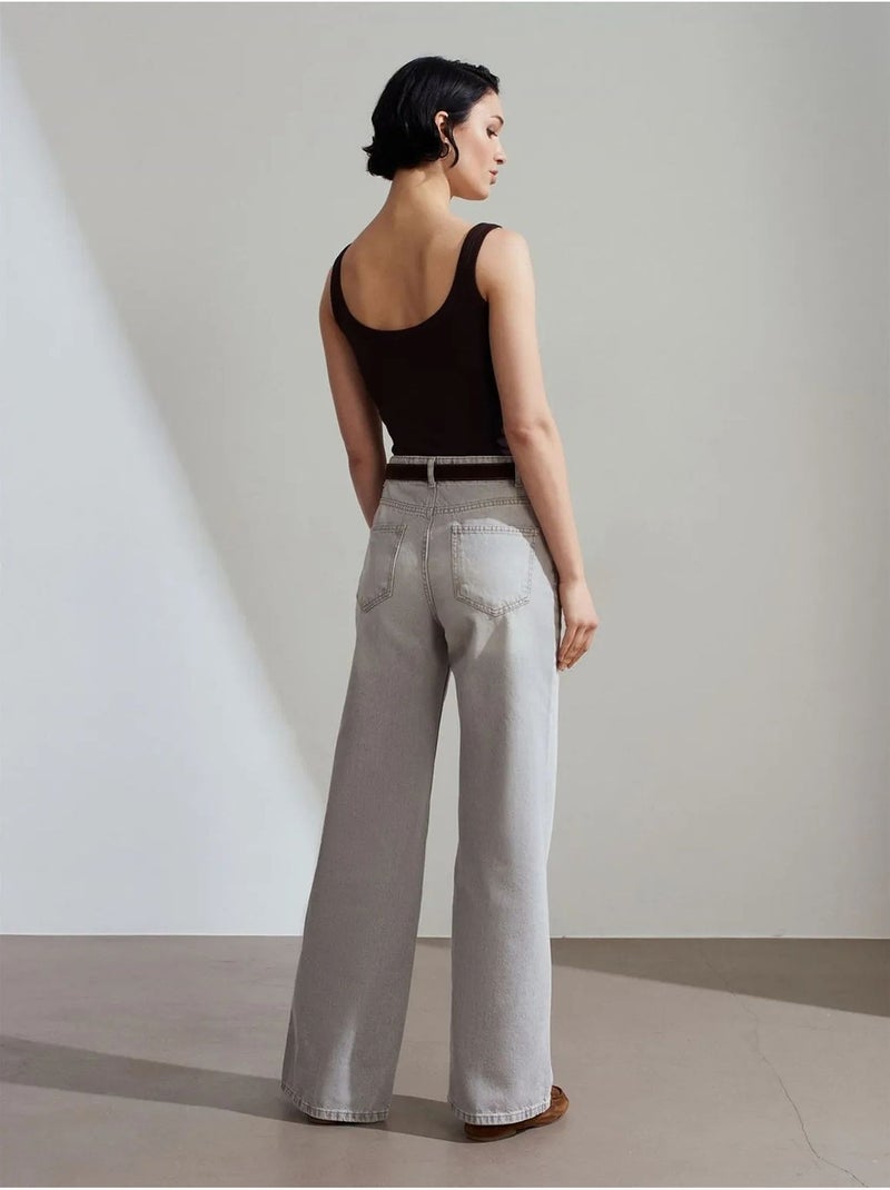 DILVIN Jean En Denim De Coton À Taille Haute Et Jambe Large Gris clair - Kiabi