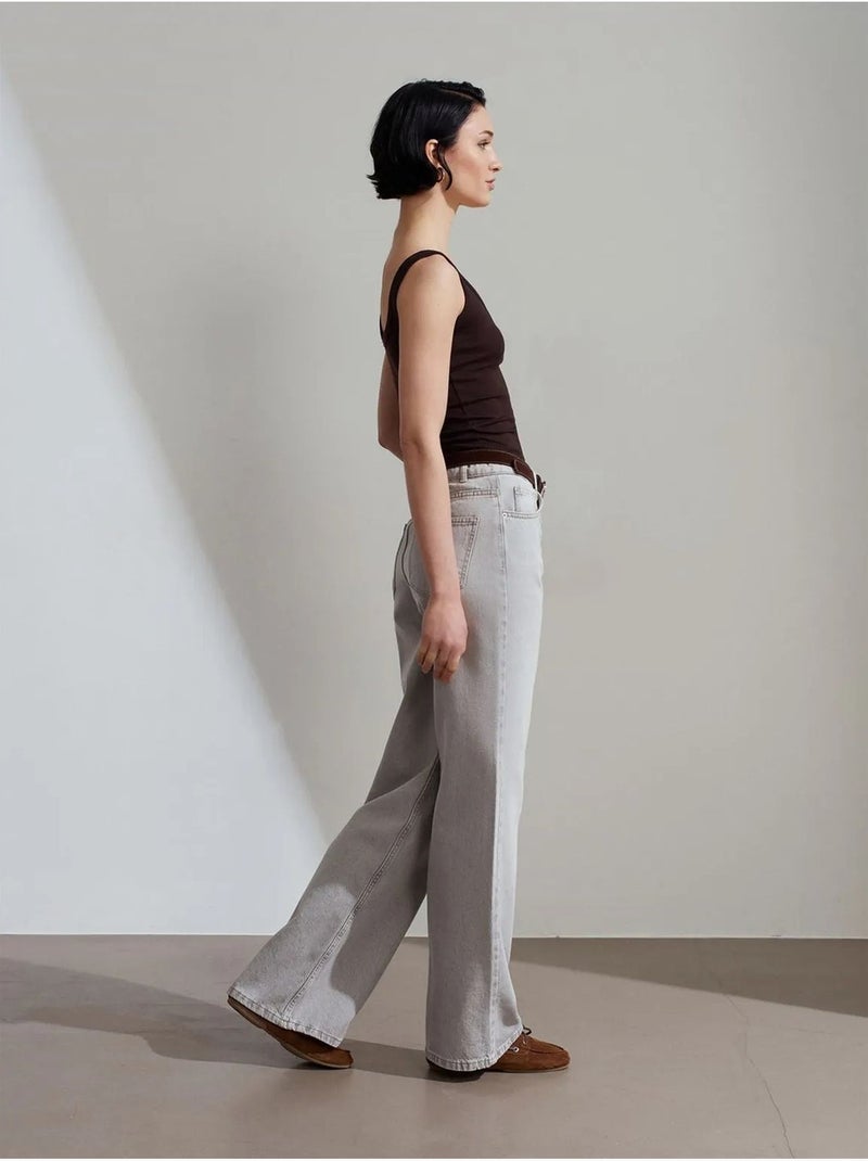 DILVIN Jean En Denim De Coton À Taille Haute Et Jambe Large Gris clair - Kiabi