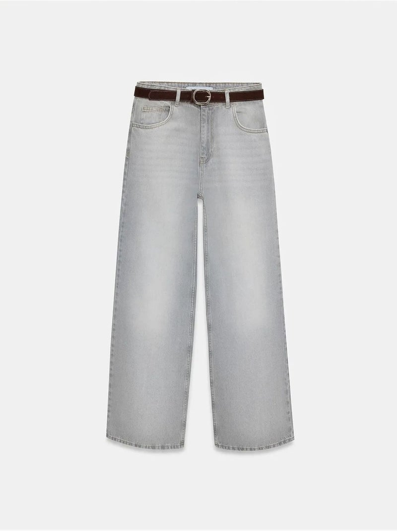 DILVIN Jean En Denim De Coton À Taille Haute Et Jambe Large Gris clair - Kiabi
