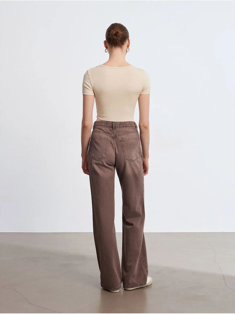 DILVIN Jean En Denim De Coton À Taille Haute Et Jambe Large Marron - Kiabi