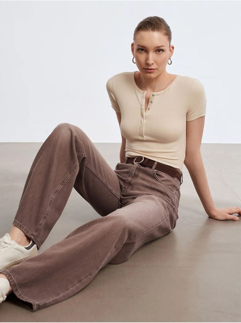 DILVIN Jean En Denim De Coton À Taille Haute Et Jambe Large Marron - Kiabi