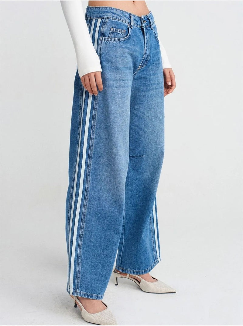 DILVIN Jean En Denim Rayé À Taille Haute Et Jambe Large Bleu saphir - Kiabi