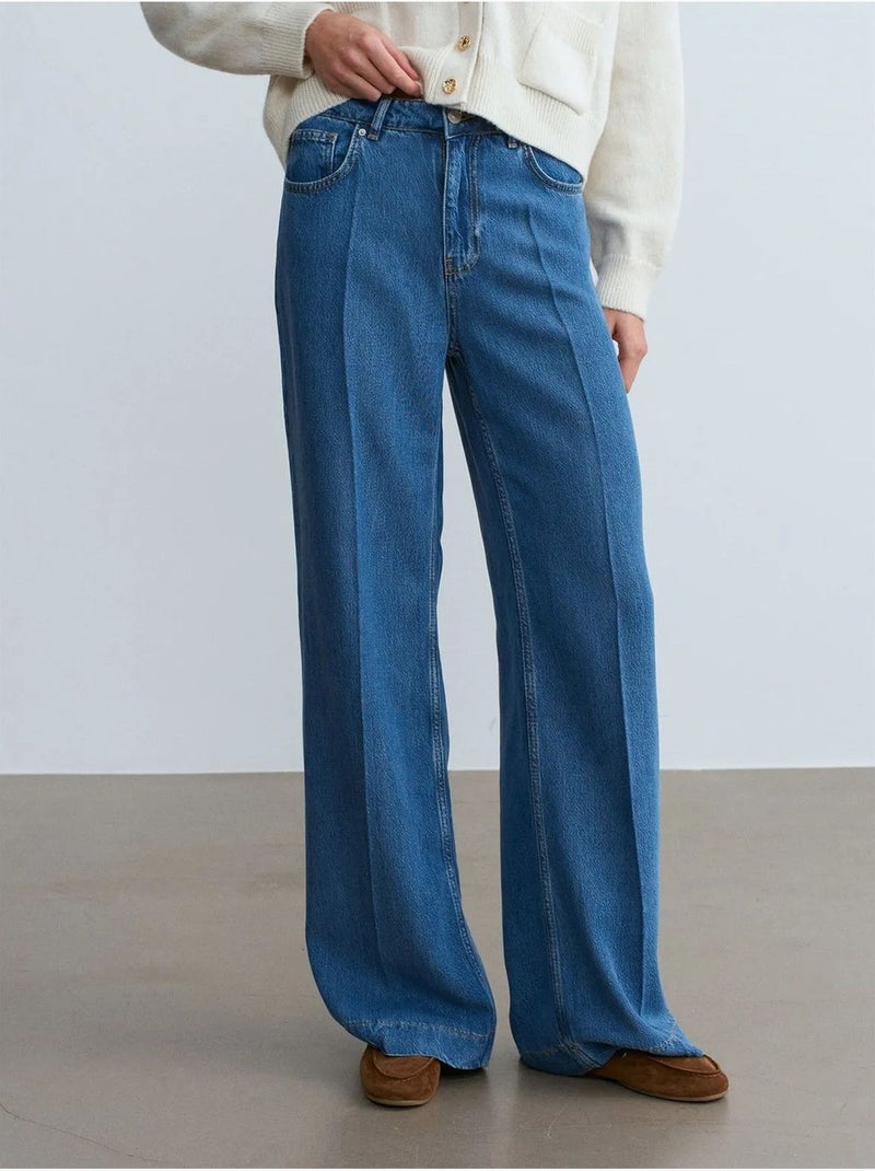 DILVIN Jean En Tencel À Taille Haute Et Jambe Large Bleu saphir - Kiabi