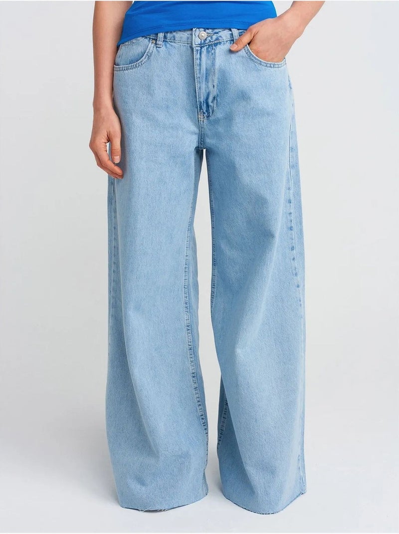 DILVIN Jean Femme Taille Haute À Jambe Large Bleu saphir - Kiabi