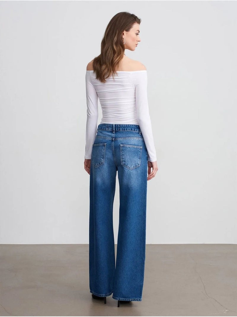 DILVIN Jean Large En Denim De Coton À Taille Basse Bleu saphir - Kiabi