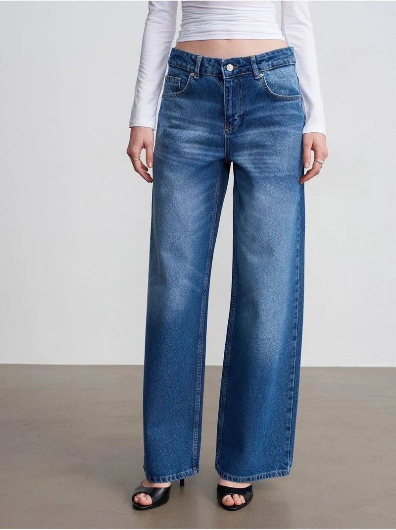 DILVIN Jean Large En Denim De Coton À Taille Basse Bleu saphir - Kiabi