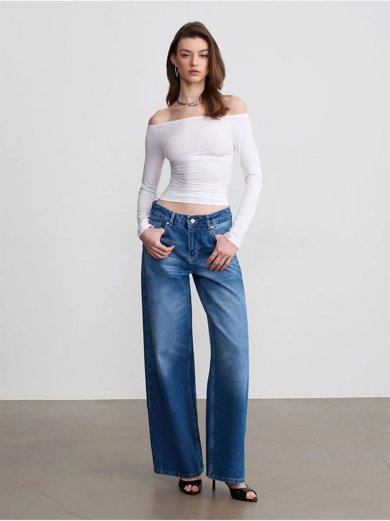 DILVIN Jean Large En Denim De Coton À Taille Basse Bleu saphir - Kiabi