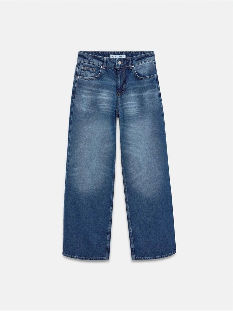 DILVIN Jean Large En Denim De Coton À Taille Basse Bleu saphir - Kiabi