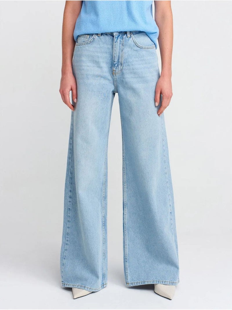 DILVIN Jean Large En Denim De Coton À Taille Haute Bleu clair - Kiabi