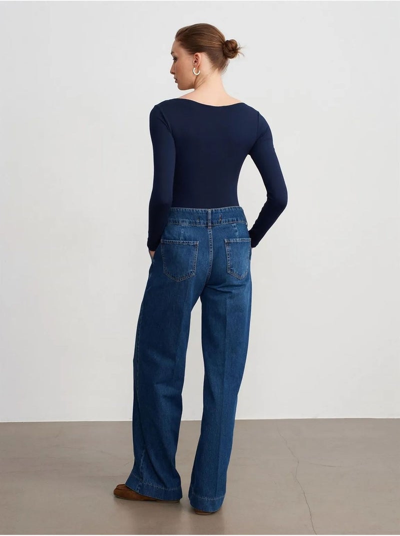 DILVIN Jean Large En Denim De Coton À Taille Haute Bleu roi - Kiabi