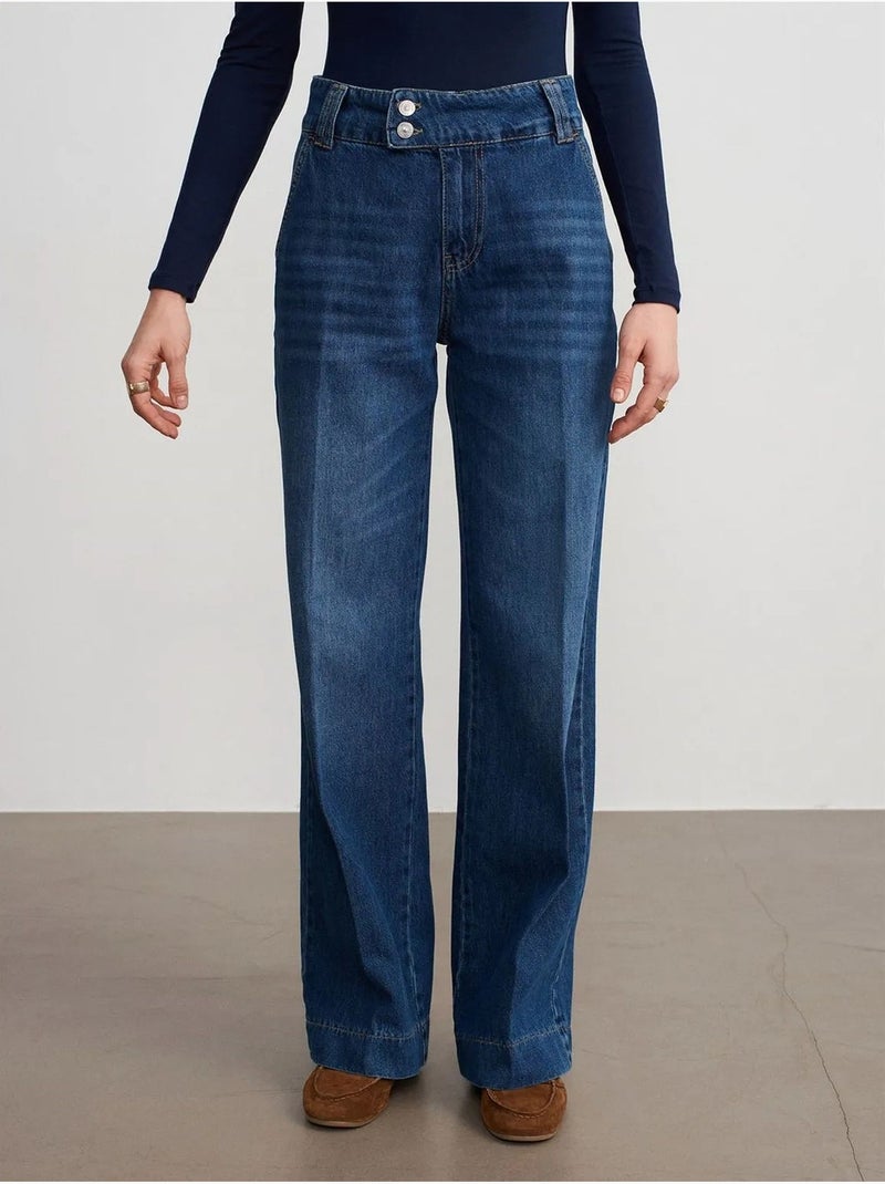 DILVIN Jean Large En Denim De Coton À Taille Haute Bleu roi - Kiabi