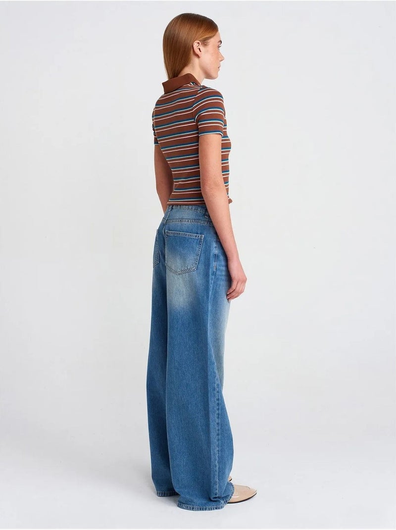 DILVIN Jean Large En Denim De Coton À Taille Haute Bleu saphir - Kiabi