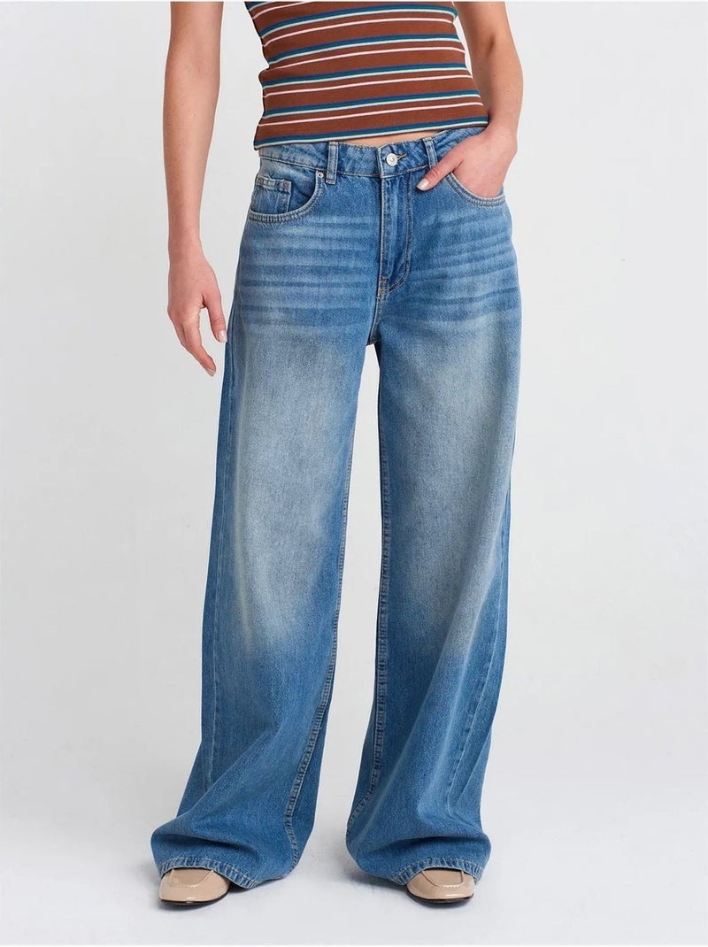 DILVIN Jean Large En Denim De Coton À Taille Haute Bleu saphir - Kiabi