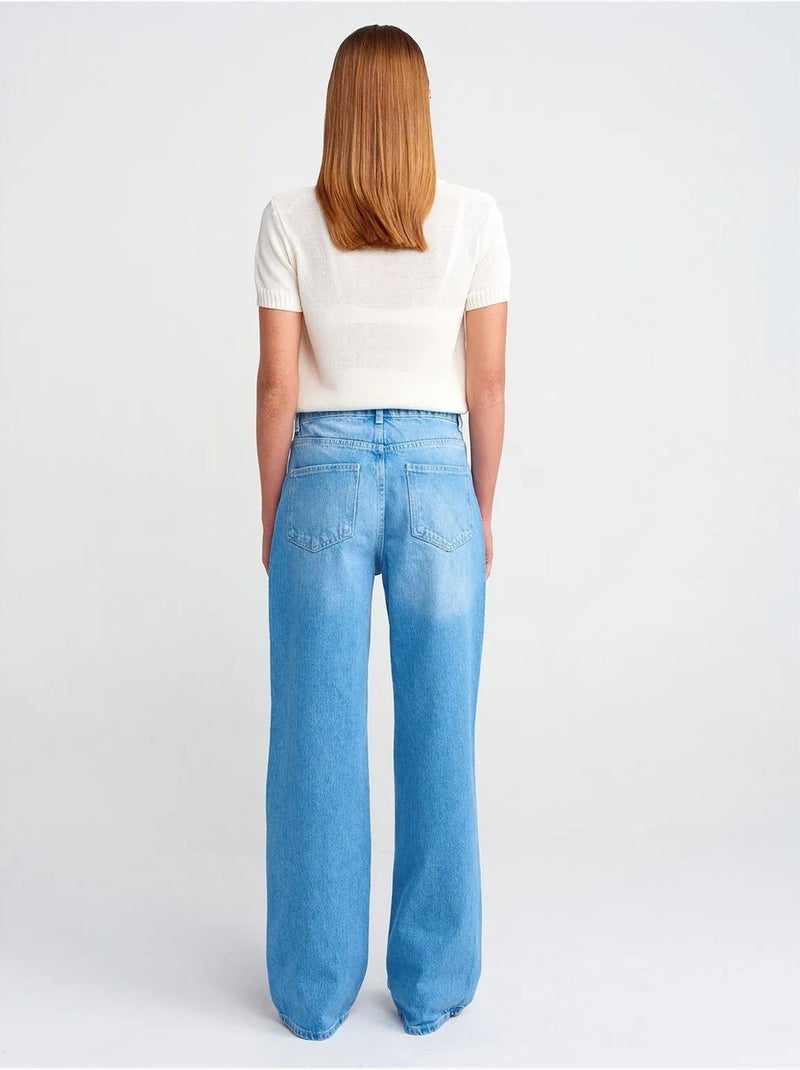 DILVIN Jean Large En Denim De Coton À Taille Haute Bleu saphir - Kiabi
