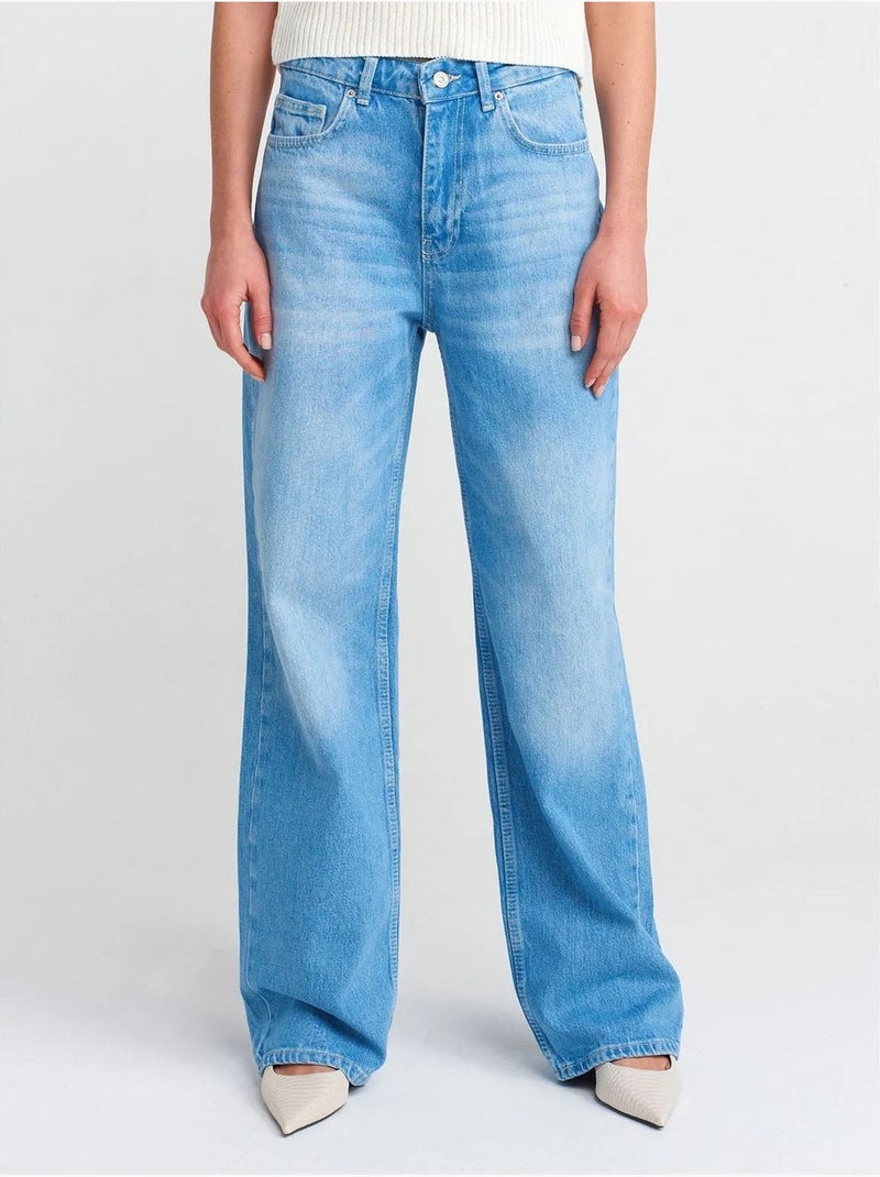 DILVIN Jean Large En Denim De Coton À Taille Haute Bleu saphir - Kiabi