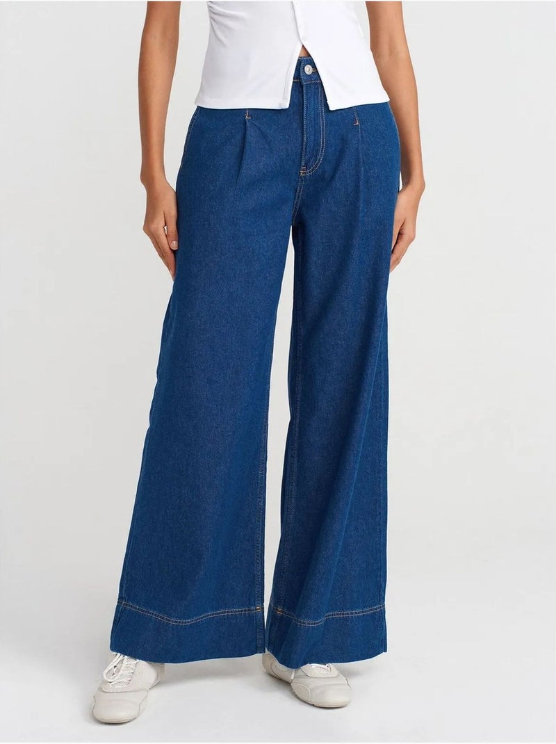 DILVIN Jean Large En Denim De Coton, Taille Haute Bleu roi - Kiabi