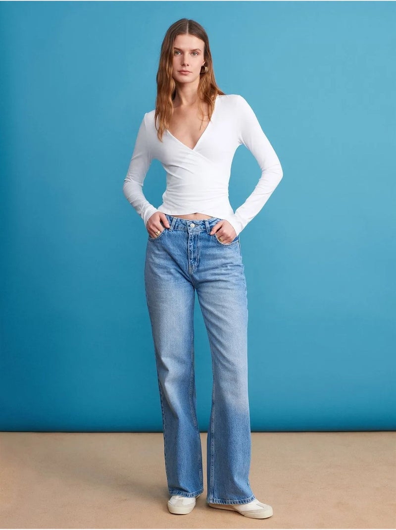 DILVIN Jean Large En Denim De Coton, Taille Haute Bleu roi - Kiabi
