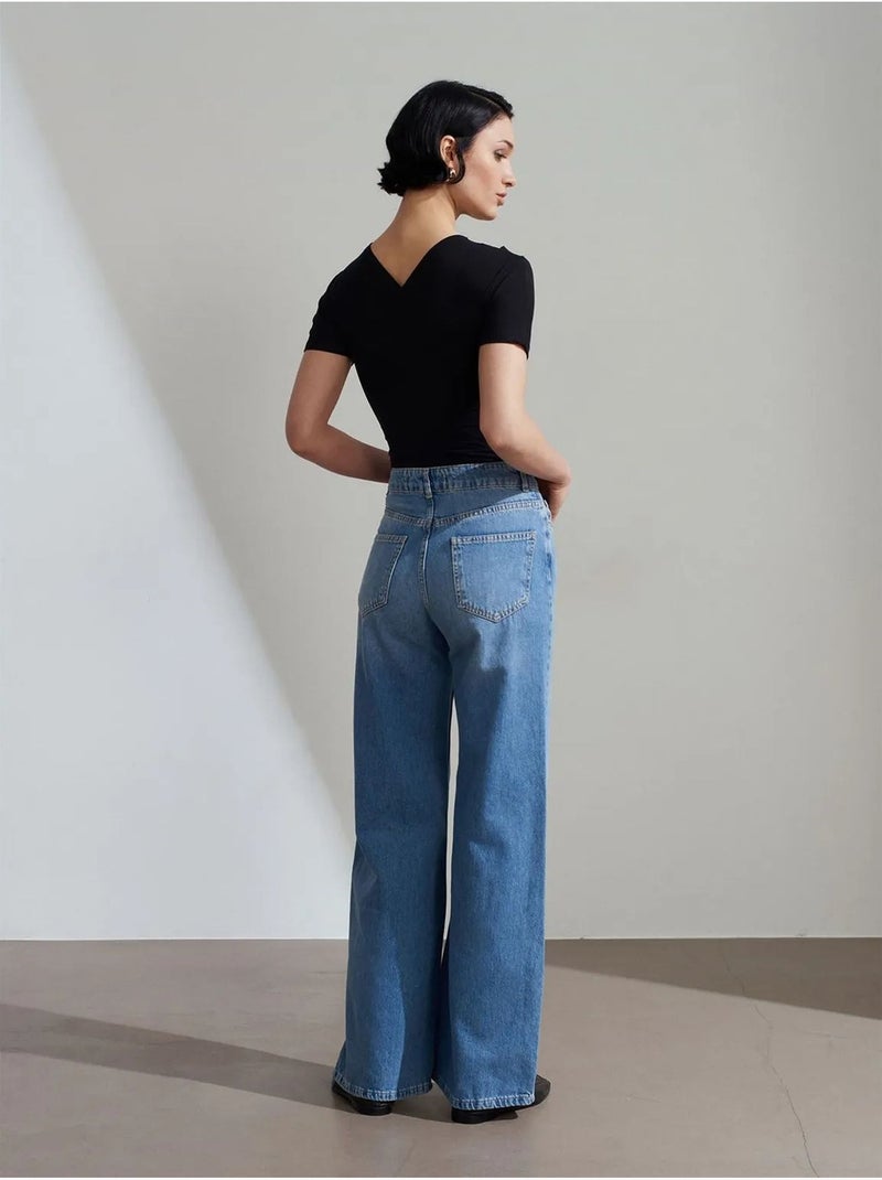 DILVIN Jean Large En Denim De Coton, Taille Haute Bleu roi - Kiabi