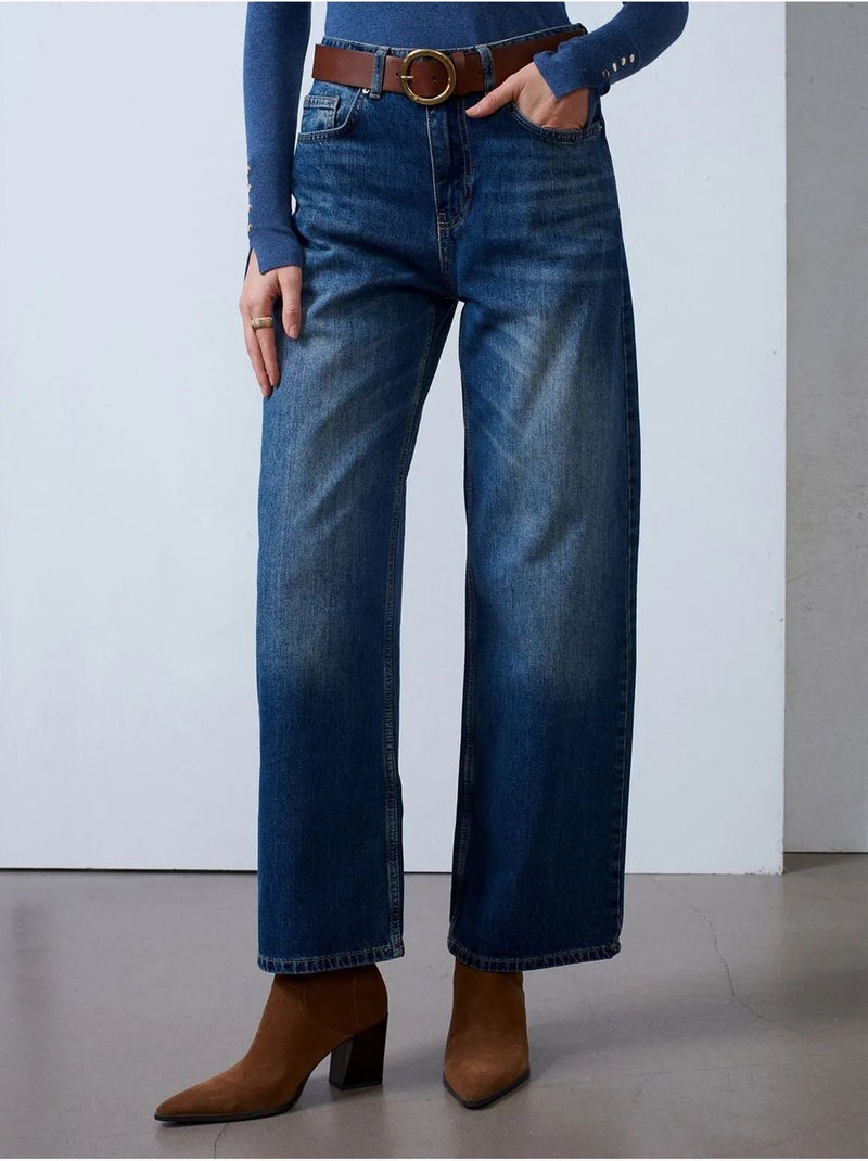 DILVIN Jean Large En Denim De Coton Taille Haute Bleu saphir - Kiabi