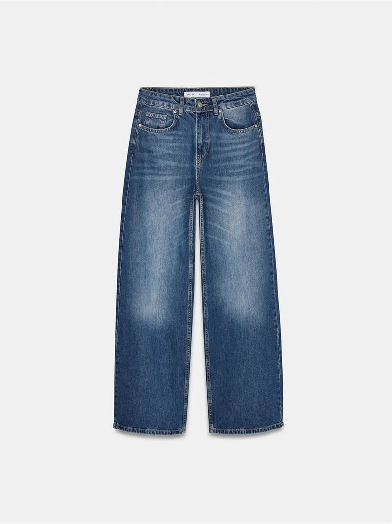 DILVIN Jean Large En Denim De Coton Taille Haute Bleu saphir - Kiabi