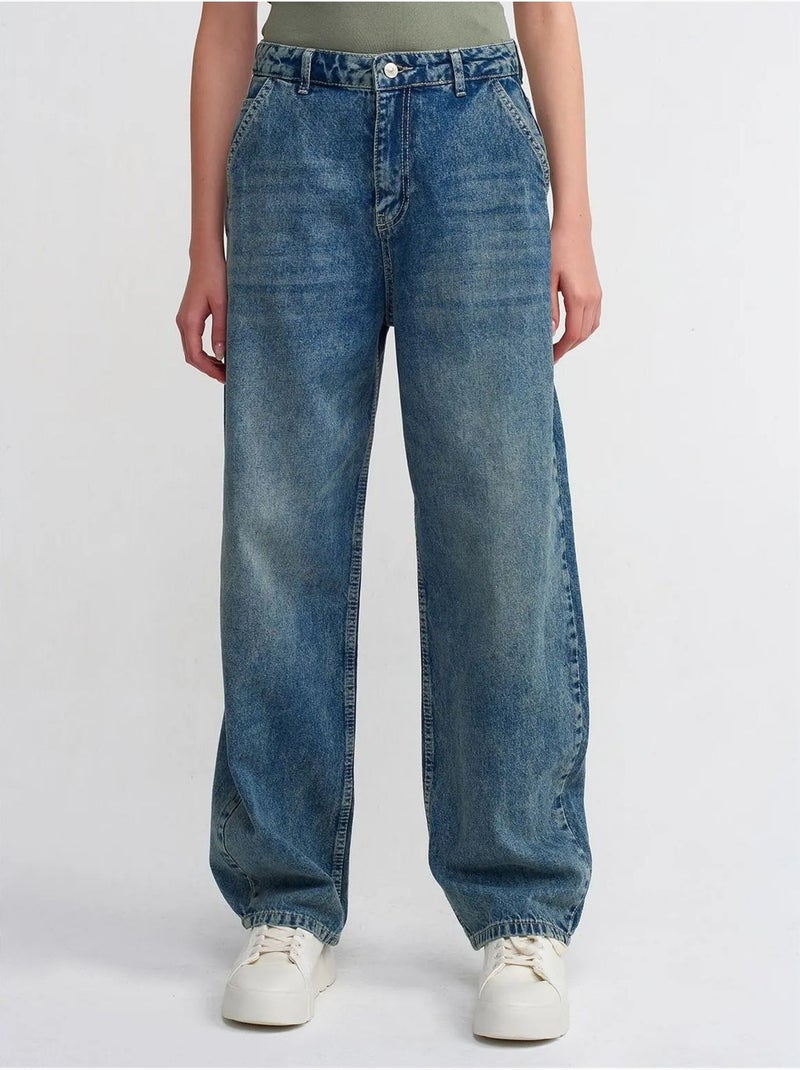 DILVIN Jean Large En Denim De Coton, Taille Haute Bleu saphir - Kiabi