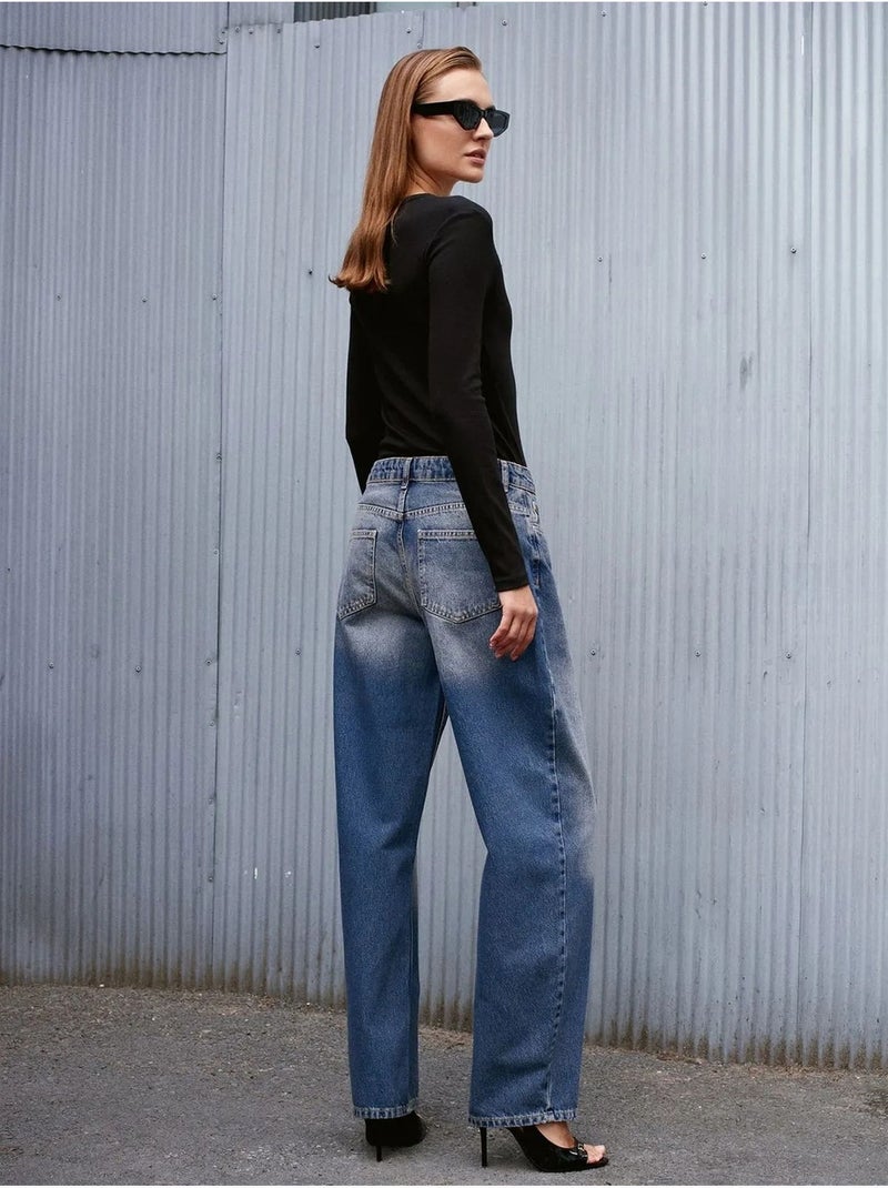 DILVIN Jean Large En Denim De Coton, Taille Haute Bleu saphir - Kiabi