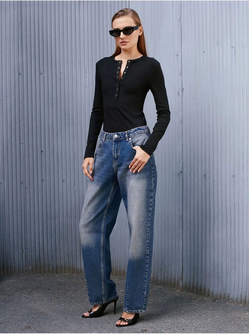DILVIN Jean Large En Denim De Coton, Taille Haute Bleu saphir - Kiabi