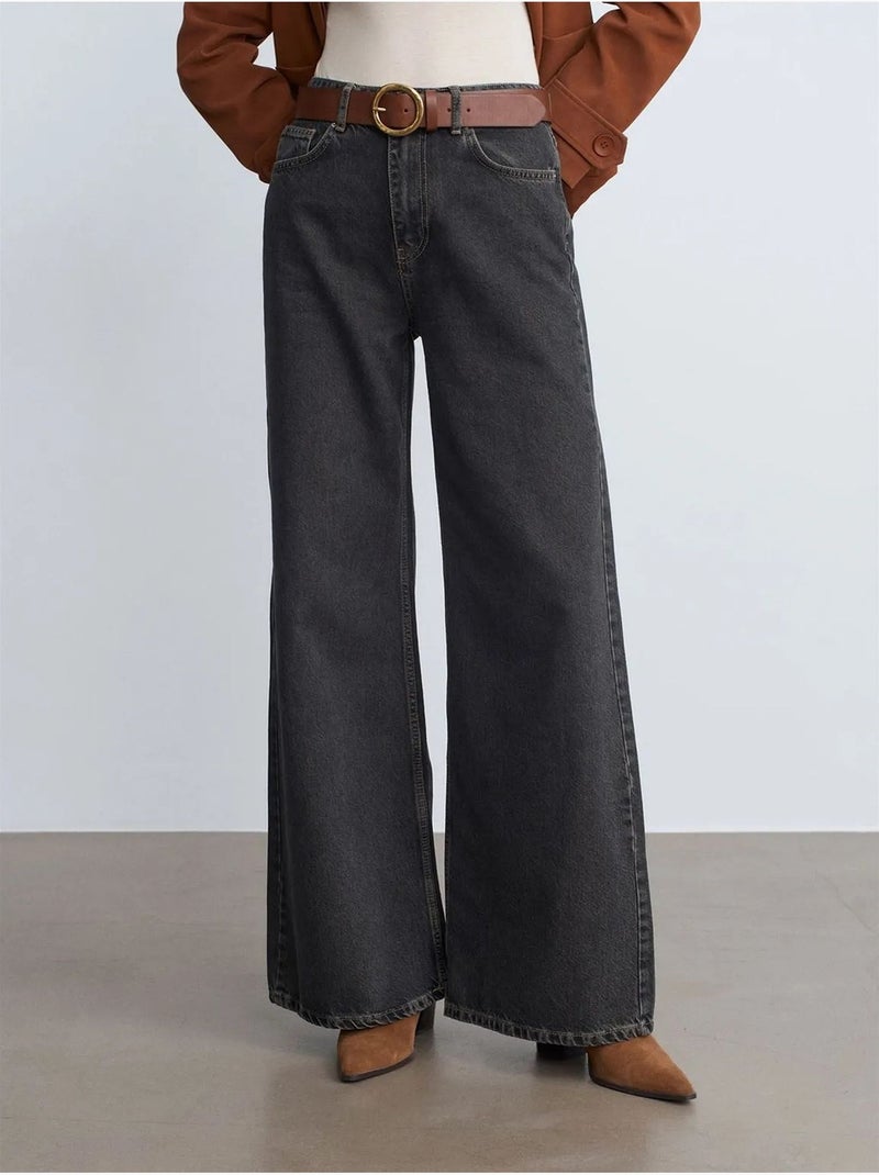 DILVIN Jean Large En Denim De Coton, Taille Haute Gris Noir - Kiabi