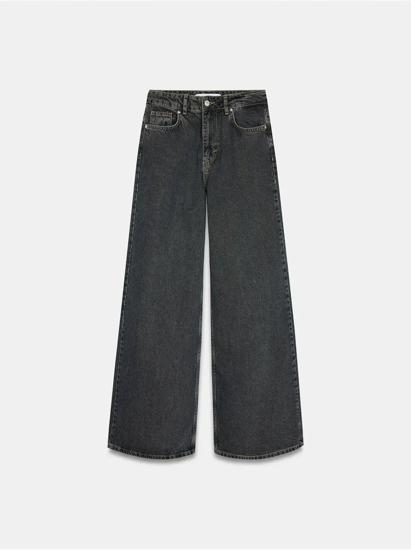 DILVIN Jean Large En Denim De Coton, Taille Haute Gris Noir - Kiabi