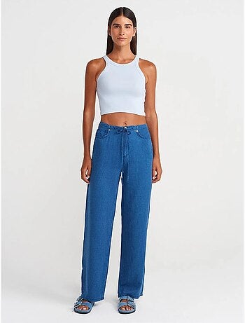 DILVIN Jean Large Rayé En Tencel À Taille Mi-haute