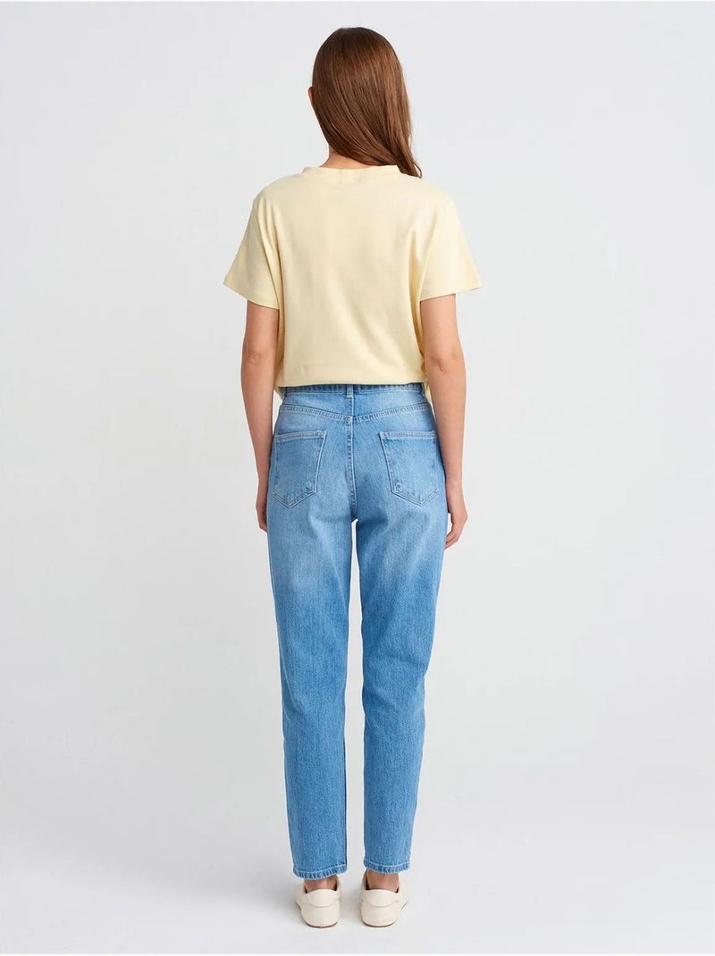 DILVIN Jean Mom Taille Haute À Jambe Droite Bleu saphir - Kiabi