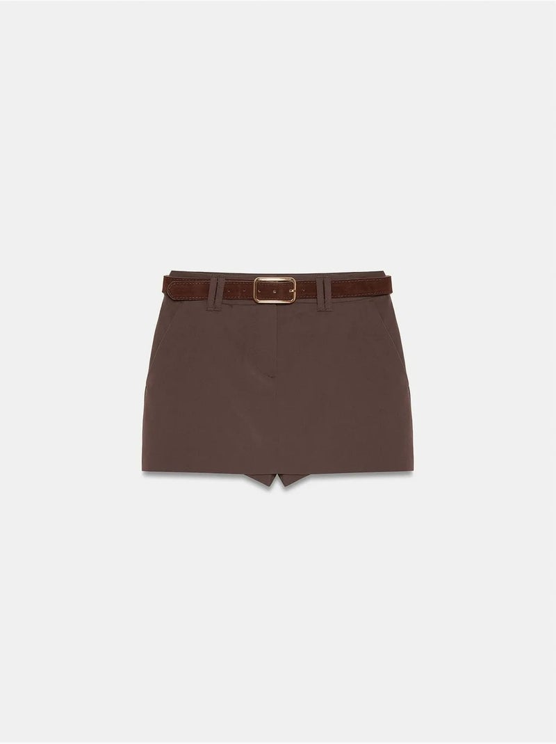 DILVIN Jupe Courte Trapèze À Taille Haute Et Ceinture Marron chocolat - Kiabi