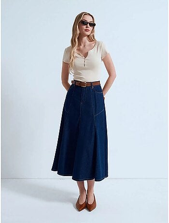 DILVIN Jupe Midi En Denim Coupe Trapèze, Taille Haute