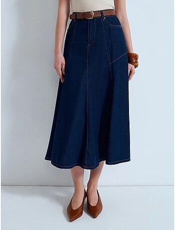 DILVIN Jupe Midi En Denim Coupe Trapèze, Taille Haute